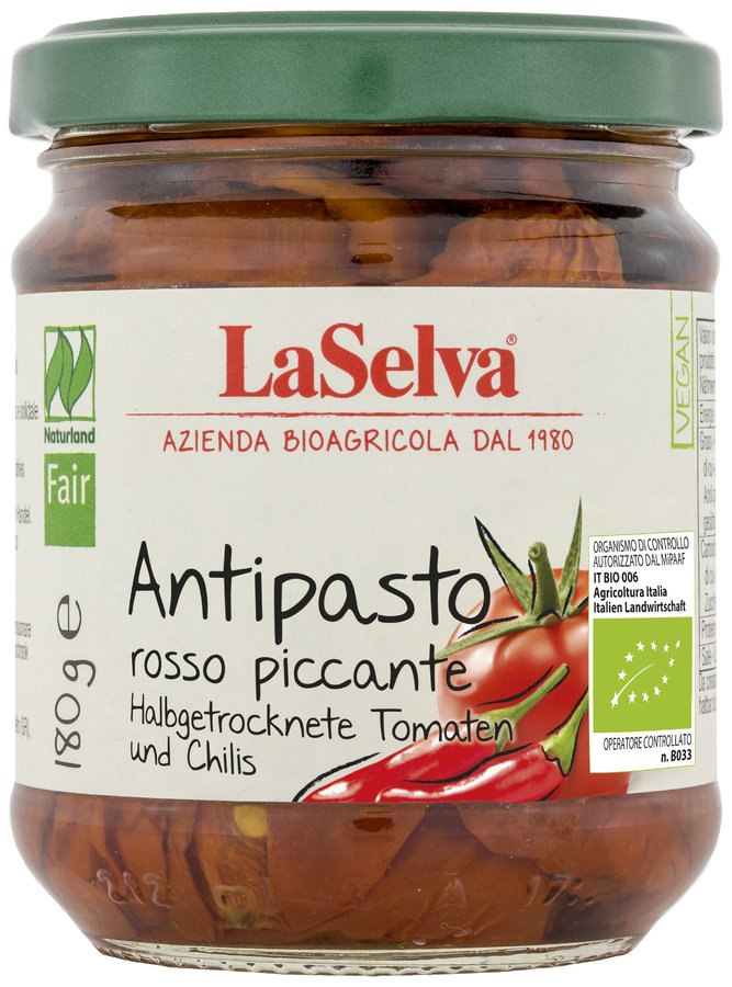 Podsuszone pomidory z papryczkami chilli w oliwie z oliwek 180g BIO Podsuszone pomidory z papryczkami chilli w oliwie z oliwek 180g BIO